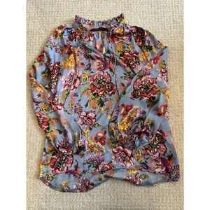 Hazel Blue Floral Blouse Women’s Size S Boho Long Balloon Sleeve Ruffle Neck‎